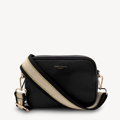 Correa elegante de rayas negras, beige y doradas