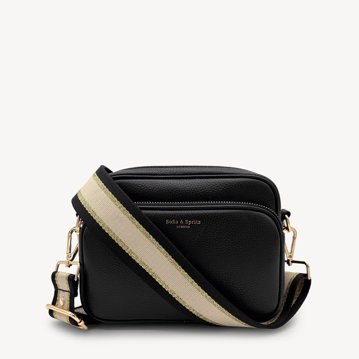 Correa elegante de rayas negras, beige y doradas