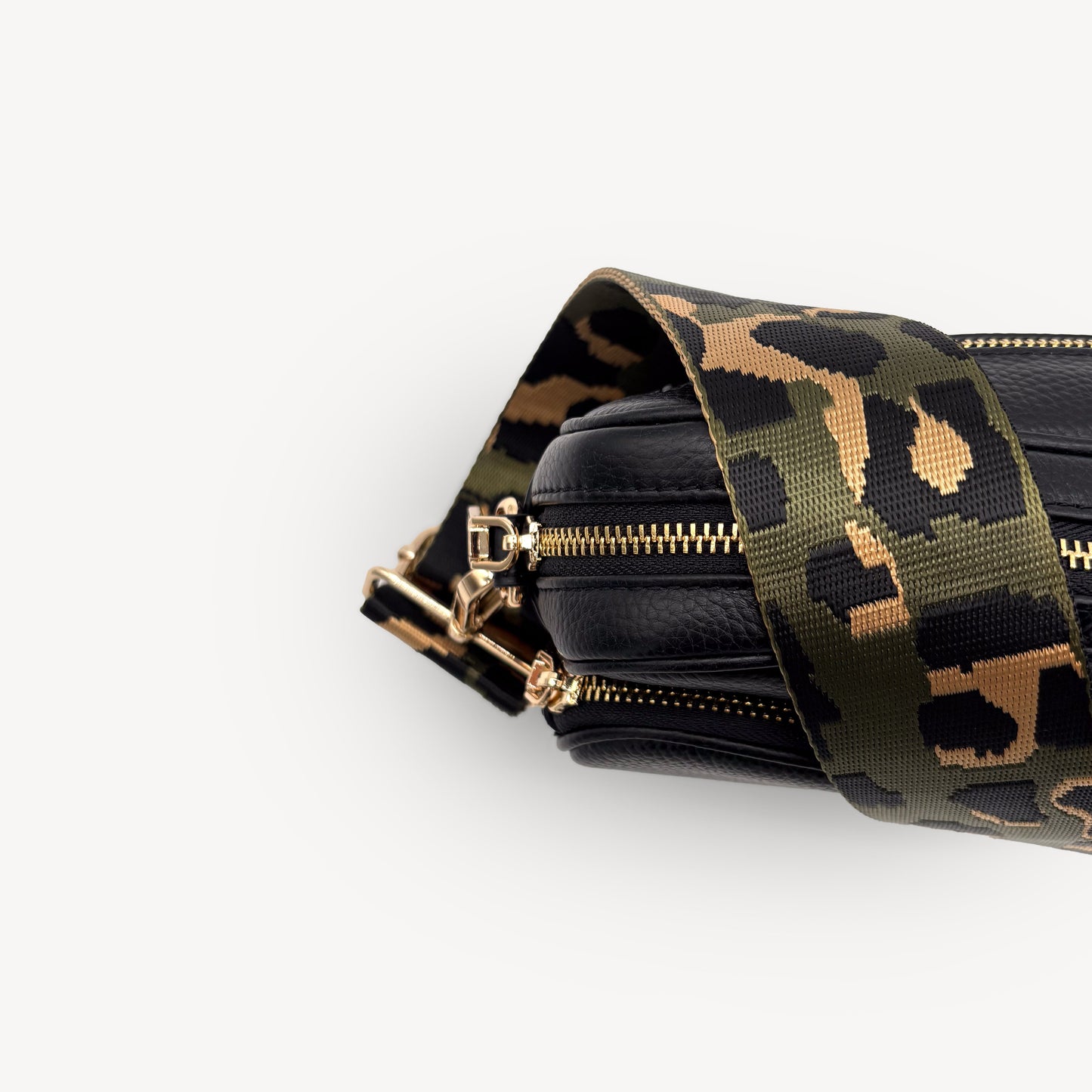 Correa de lujo verde oliva y dorada con estampado de leopardo