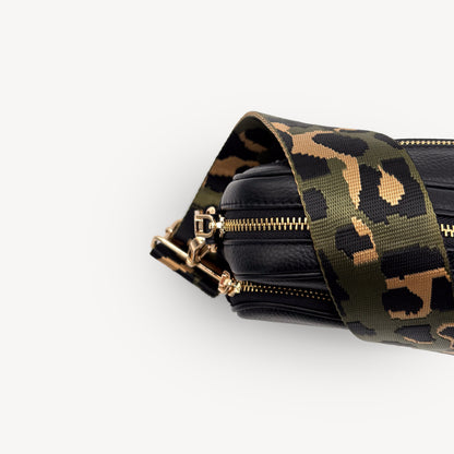 Correa de lujo verde oliva y dorada con estampado de leopardo