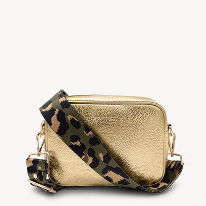 Correa de lujo verde oliva y dorada con estampado de leopardo