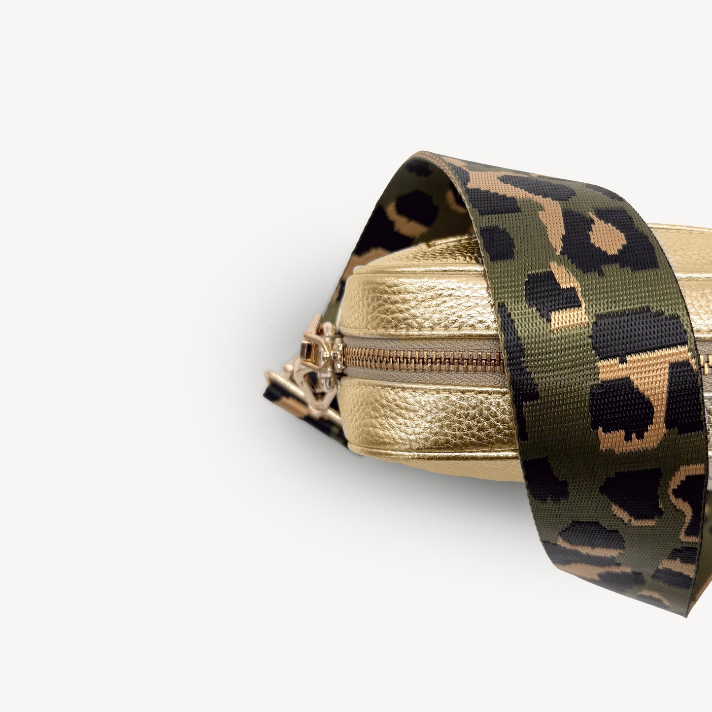 Correa de lujo verde oliva y dorada con estampado de leopardo