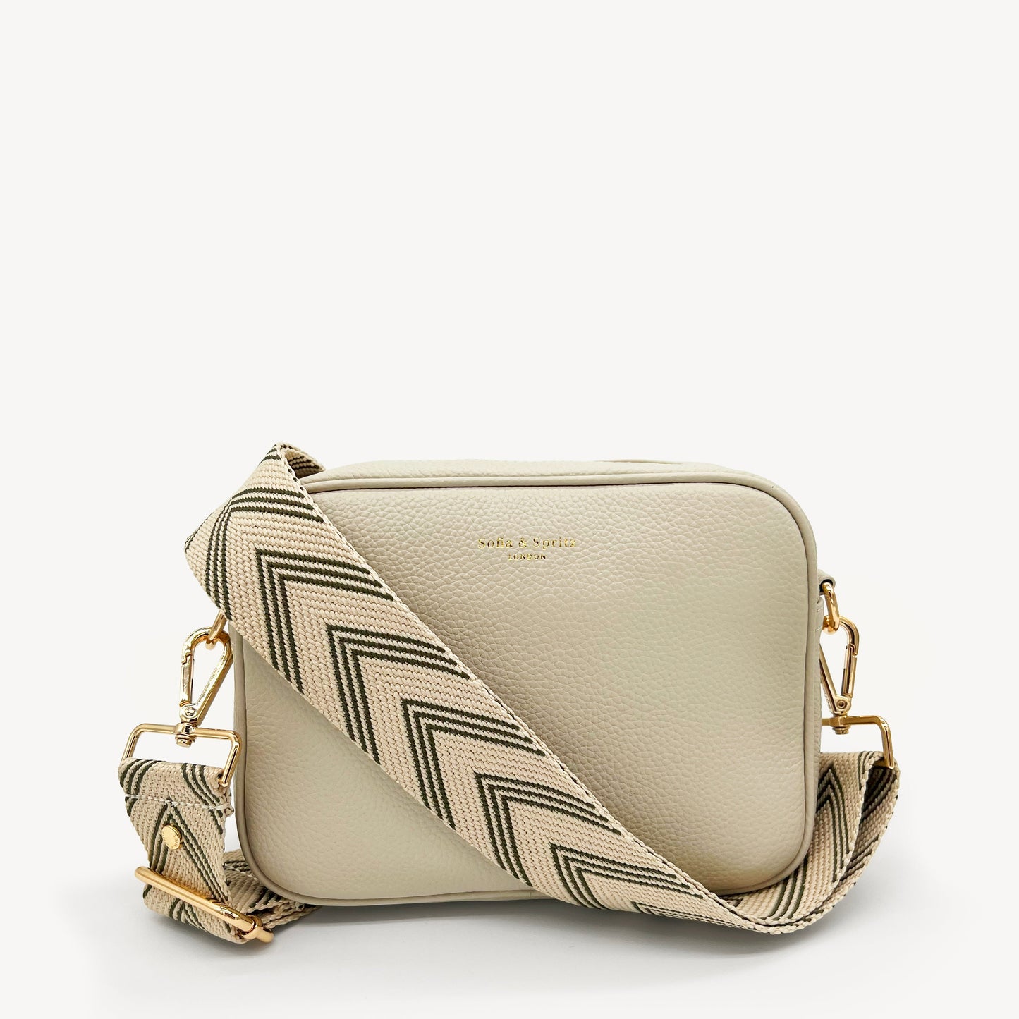 Correa de flecha en verde oliva y piedra — Boho-Chic, accesorio llamativo