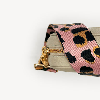 Correa elegante rosa pálido y dorado con estampado de leopardo