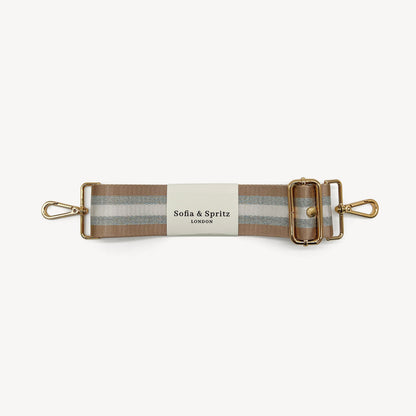 Correa a rayas champán y plata — accesorio lujoso y elegante